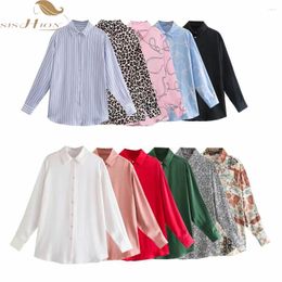 Women's Polos Women Shirts Clothing Long Sleeve Casual Print Red Blue Blouse Chic Button Up Satin Tops Female Elegant Retro Loose SR823