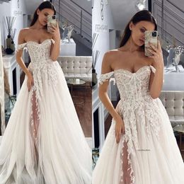 Vintage A Line Dresses For Bride Off Shoulder Glitter Sequins Lace Wedding Dress Sweep Train Split Long Designer Bridal Gowns 0515