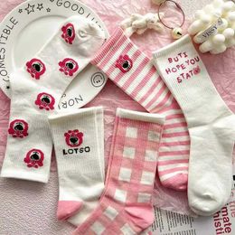 Kids Socks Lotso Schoolgirl medium length socks are fully matched with cute Japanese cartoon four season pink long socks for free size 4 pairsL2405