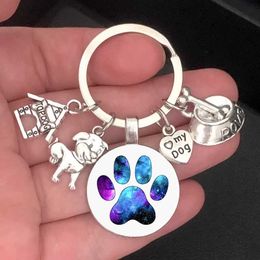 Keychains Lanyards New/Cute Pet Dog Keychain Paw Dog Glass Cabochon KeyRing Top dog house Charms Keychains I Love my dog pendant keychain Gifts Y240510