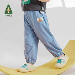 Trousers Amila2024 Summer New Childrens Pants Boys Solid Color Patchwork Cartoon Embroidery Decorative Worker Costume Foot PantsL2405