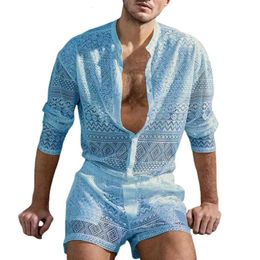 ropa hombre Autumn 1 Set Men Top Shorts Hollow Out Solid Colour Lace See Through Outfit for Wedding Night Mens Two Piece Suits 240514