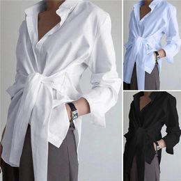 Women's Blouses Women Elegant Streetwear OL Tops Casual Loose Button Up White Blue Long Sleeve Vintage Oversize Shirt