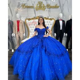 Royal Blue Princess Dresses Off Shoulder Glitter Sequins Appliques Vestido De Quinceanera Tulle Sweet 15 Masquerade Dress 0515