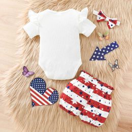 Clothing Sets Infant Baby Girl Independence Day Clothes Butterfly Bodysuit+Star Printed Pants With Headband 4th of July Outfit Sets For Girls
