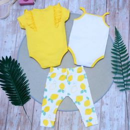 Clothing Sets 3PCS Spring and Summer Baby Cotton Set Fresh and Cute Cartoon Yellow Lemon Pattern jumpsuit for Girls Short sleeved Bodysuit