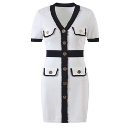 Summer White Contrast Colour Panelled Dress Short Sleeve V-Neck Buttons Short Casual Dresses Y4W09227001