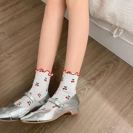 Women Socks Cherry Print Sweet Girls Short Sox Ruffles Cotton Thin Breathable Kawaii Cute JK Japanese Fashion Lolita