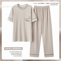 L5XL Summer Elegant Men Pyjamas Knited Cotton Pajamas Set Long Pant Sleepwear Night Suits Pijamas Plus Size Homewear PJ 240428