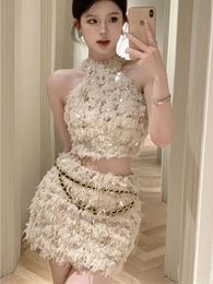 Elegant Fashion Small Fragrance Sequins Two Piece Set Women Halter Top Chain Skirt Sets 2023 Summer Tweed Sweet 2 Suits 240507