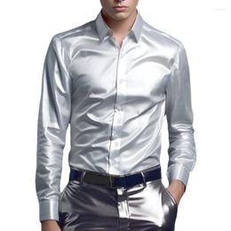 Men's Dress Shirts Casual Satin Single Breasted Button Lapel Collar Shirt Slim Fit Fashion Party Long Sleeve Tops Clothing