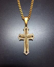 Men's Classic Stainless Steel Mens Chains 18K Real Gold Plated Vine Latin Cross Pendants Necklaces4359342