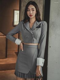 Two Piece Dress Lady Formal Elegant Office Sexy Short 2 Pieces Outfit Suits Women Cropped Tops Coat Blazer Suit And Pleated Skirt Mujer Slim