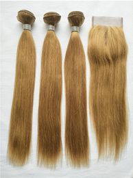 Wholesale factory Brazilian Virgin Hair 27# Colored Blonde Human Hair 3 Bundles With Lace Closure Cheap Blonde Straight Hair Weaves With 4x4 Lace Closure