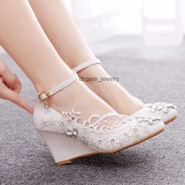 Dress Shoes Women White Rhinestone Lace Wedding Shoes Wedges 8CM High Heels Ankle Strap Ladies Bride Party Dance Pumps