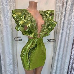 Green Sequined Cocktail Dressses Short Beaded Deep V-Neck Dubai Party Night Gowns Women Custom Made Designed robe de soiree 2896