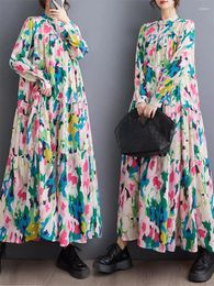 Casual Dresses Irregular Pleats Loose Shirt Dress Women 2024 Retro Cotton And Linen Floral Temperament Big Size Clothing K127
