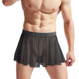 Underpants Men's Elastic Panties Sexy Ultra Thin Mesh Perspective Crossdressing Short Pleated Skirts Sissy Underwear Lingerie