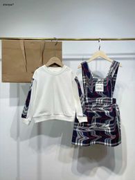 Top girls dresses suits autumn color plaid baby sets Size 110-160 kids designer clothes hoodie and Strap dress Dec10