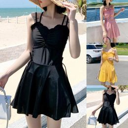 Summer Beach Dresses For Women Spaghetti Strap Ruffled Solid Colour Swimwear Slim Fit Korean Conservative Bathing Suits