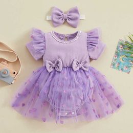 Girl's Dresses Baby heart-shaped tulle Tutu jumpsuit with pleated sleeves and ribbed patchwork mesh tight fitting suit for Valentines Day d240515