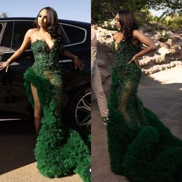 Stunning Crystal Green Prom Dress Black Sweetheart Beaded Sequins Evening Elegant Tulle Ruffle Thigh Split African Formal Dresses For Women 0515