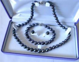 Bracelets 89mm Real Natural Black Akoya Pearl Bracelet Necklace Earrings Set Have No Jewelry Box