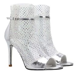 Shoes Sandals Woman 2024 Sexy High Heels Women Bling Rhinestone Mesh Ladies Party Peep Toe Zipper Summer Boots 18b2