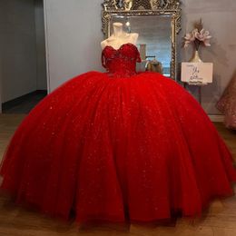 Red Shiny Sweetheart Quinceanera Dress Off The Shoulder Rhinestones Beads Crystal Bow Tull Lace Up Closure Vestidos 15 De XV Anos