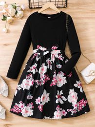 Girl's Dresses Girl Blossoms Graphic Long sleeved A-line dress elegant and casual childrens clothing gift d240515