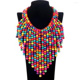 Chains Women Necklace Vintage Multilayer Colourful Beads Handmade Charming Boho Tassel Wood Beaded Bib Party Accessories