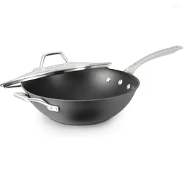 Pans Signature Hard-Anodized Nonstick 12-Inch Flat Bottom Wok With Cover