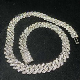 Custom Hip Hop Men Jewellery Cuban Chain 14mm Width 2 Rows Stone Vvs Diamond Sterling Silver Moissanite Link