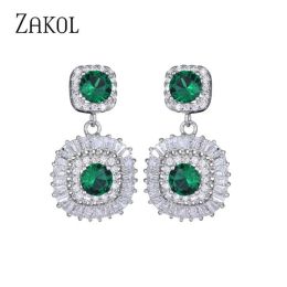 Charms ZAKOL New Gorgeous Green Square Cubic Zirconia Drop Earrings for Women Luxury Wedding Party Banquet Jewellery Gifts DE22