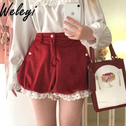 Women's Shorts Kawaii Lolita Ropa Mujer 2024 Spring And Autumn Sweet All Matching Velvet Lace Layered Bubble Red Pumpkin Pants