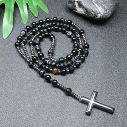 Beaded Necklaces Ruby Cross Pendant Necklace Mens and Womens Catholic Christ Rose Necklace Strip Black Agate Beads Buddha Necklace Jewelry d240514