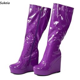 Sukeia Handwork Women Winter Knee Boots Wedges Heels Round Toe Beautiful Purple Club Shoes Ladies US Plus Size 5-20