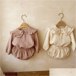 Clothing Sets 2Pcs Born Baby Girls Clothes Organic Cotton Ruffled Collar Lapel Long Sleeve Shirt Top Bread Pants Korean Casual Drop Dh7Yw