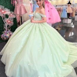 Mint Green Shiny Quinceanera Dress Off The Shoulder Ball Gown Lace Applique Beading Tull Corset Sweet 16 Vestido 15 De Anos