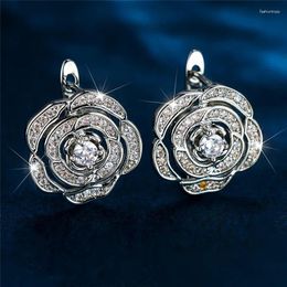 Backs Earrings Luxury Female White Zircon Stone Flower Clip Charm Silver Color Wedding Jewelry For Women