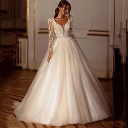 Glitter Champagne Wedding Dresses V-neck Long Sleeve Appliques Lace Modern Bridal Dress Tulle Bride Gown Vestido De Novias Robe Mariage