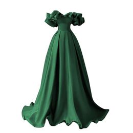 MARSEN Off The Shoulder Satin Prom Dresses A Line prom Ball Ruched Fommal Evening Gown with Train for Women prom AMZ