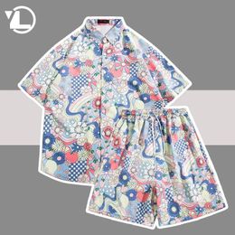 Hawaiian Set Men Summer Floral Print 2 Pcs Hawaiian Shirt Beach Shorts Casual Loose Short Sleeve Holiday Quick Drying Suit 240510