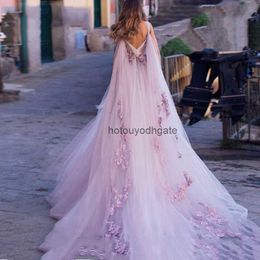 Boho Wedding Dress 2021 3D Flowers Light Purple Beach Bride Dresses Backless Puff Tulle Wedding Gowns Long Train Floor Length