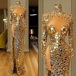 Sparkly Gold Sequins Mermaid Evening Dresses High Keyhole Neck Long Sleeves Beaded Sexy Side Slit Prom Pageant Gowns Formal Dresses For Women 0515