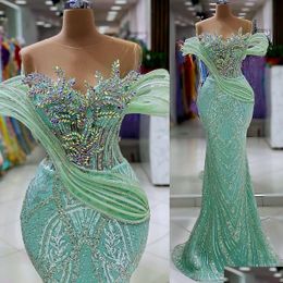 Prom Dresses 2024 Aso Ebi Mint Mermaid Dress Beaded Crystals Sequined Lace Evening Formal Party Second Reception Birthday Engagement Dhr4X