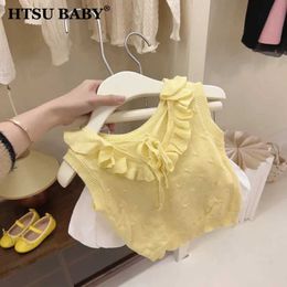 Vest Htsu Baby Girl Jacquard Pleated Vest Korean Childrens Sticked Yellow Bandage Vest ärmlösa andningsbara barn kläd