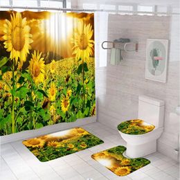 Shower Curtains Sunflower Blooming Flowers Curtain Set Rural Floral Field Sunshine Bathroom Screen Bath Mat Toilet Seat Cover Carpet Rug