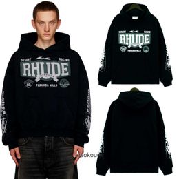 Rhude High end designer Hoodies for mens Autumn and Winter New Heavy Industry Style Printed Simple Black Casual Hooded Sweater for Men and Women With 1:1 original label