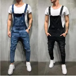 Men's Jeans Men Denim One Piece Overalls Pencil Pants Pockets Ankle Length Mid Waist Slim High Street Washing Holes Casual